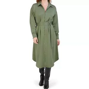NWT French Connection Women's Long Shirt Dress Gold Buttons Size M Olive Satin